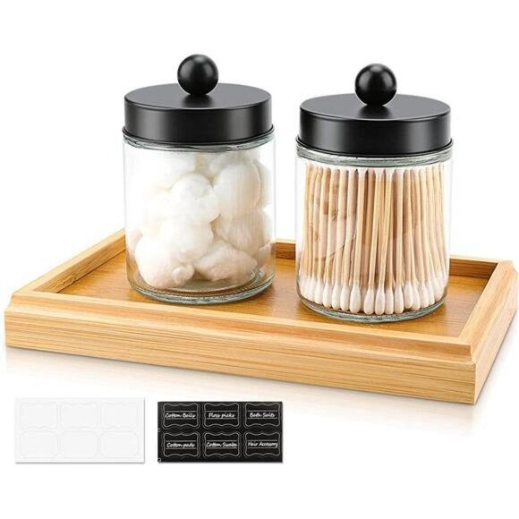 Glass Apothecary Jars with Lids Set, Glass Qtip Holder with Bamboo Tray, 2 Pack - Picture 2 of 6